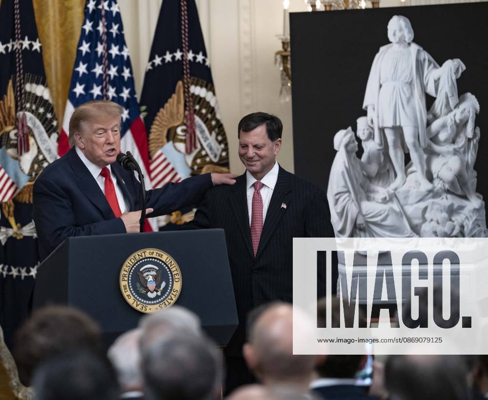 United States President Donald J Trump with Frank J Bisignano, Commissioner, Social Security Administration (SSA) and Chief Executive Officer, Internal Revenue Service (IRS), as he hosts a Columbus Day Celebration in the East Room of the White House in Washington, DC, USA on Friday, October 8, 2026 Washington USA - ZUMAs152 20261009_faa_s152_009
