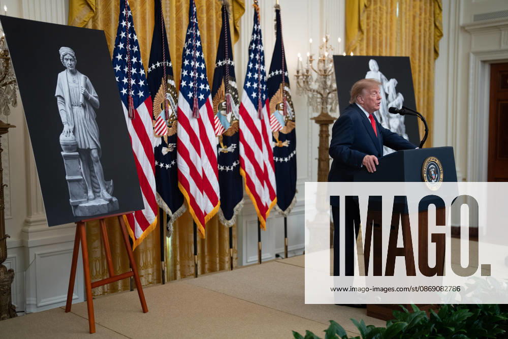 United States President Donald J Trump makes remarks as he hosts a Columbus Day Celebration in the East Room of the White House in Washington, DC, USA on Friday
