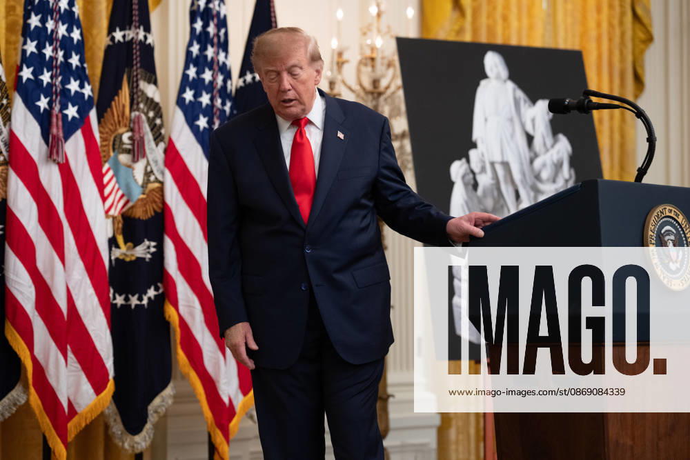 United States President Donald J Trump after making remarks as he hosts a Columbus Day Celebration in the East Room of the White House in Washington, DC, USA on Friday