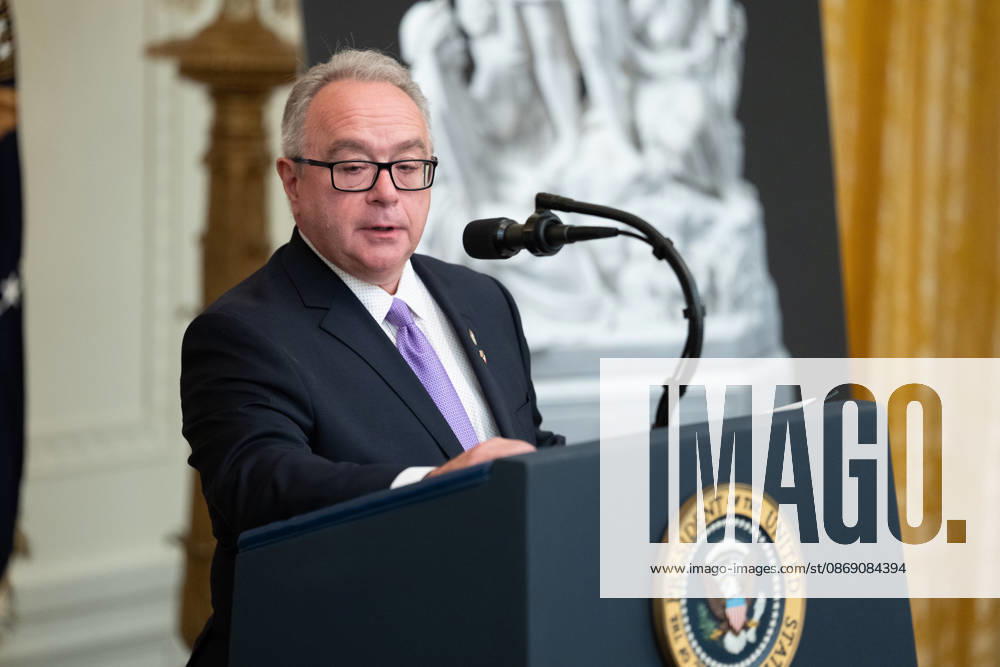 Brett Rugo, founder of Rugo Stone which constructed a helipad on the South Lawn, gives remarks during a Columbus Day Celebration hosted by United States President Donald J Trump in the East Room of the White House in Washington, DC, USA on Friday