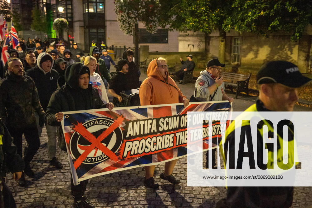 Bristol, UK. Bristol Rises far-right demo (pictured) and counter-protest in city centre. Bristol Rises have called their protest after some of their members were at the centre of a disturbance outside the main Bristol University building on Monday. A counter-protest has been called by a coalition of anti-racism groups. Police have a dispersal order in the centre and said anyone in either protest wearing a face covering may be arrested or prosecuted under recent new legal powers. Bristol UK - ZUMAl94_ 20261009_zaf_l94_011
