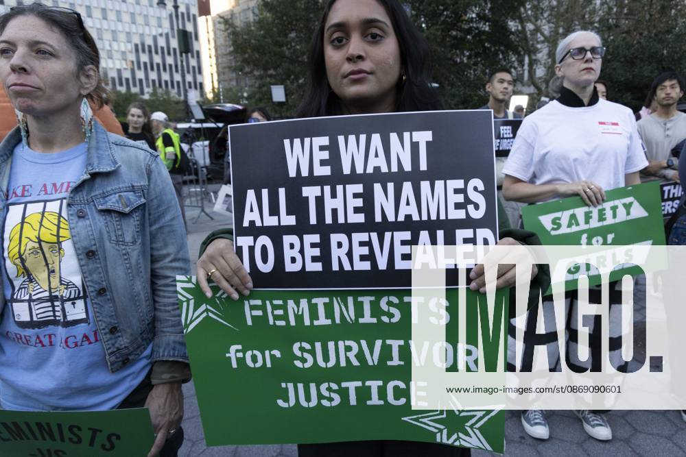 Hundreds rally in Foley Square outside the New York State Supreme Court building in Lower Manhattan under the banner . StopSexualViolence: From the Frat House to the White House joining rallies and campus walkouts around the country demanding justice for Cornell s Jane Doe. Protesters hold signs that read WE WANT ALL THE NAMES TO BE REVEALED FEMINSITS for SURVIVOR JUSTICE SAFETY for GIRLS. New York USA - ZUMAr174 20261008_znp_r174_057