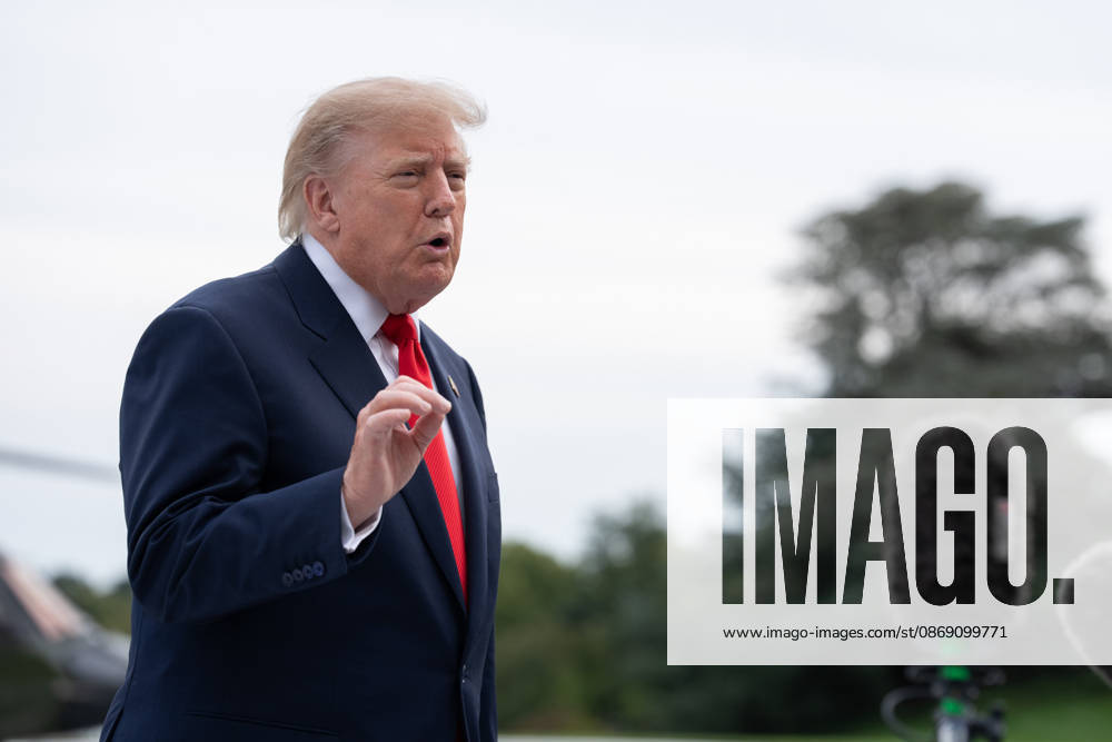 President Donald Trump speaks to members of the media on the South Lawn of the White House before boarding Marine One in Washington, DC on Friday, Oct. 9, 2026. Trump is heading to Syracuse on Friday to boost Republican gubernatorial candidate Bruce Blakeman, who is trailing Governor Kathy Hochul in polls ahead of November s election. WASP20261009140 AaronxSchwartz