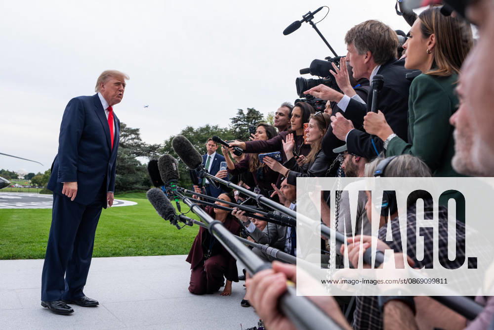 President Donald Trump speaks to members of the media on the South Lawn of the White House before boarding Marine One in Washington, DC on Friday, Oct. 9, 2026. Trump is heading to Syracuse on Friday to boost Republican gubernatorial candidate Bruce Blakeman, who is trailing Governor Kathy Hochul in polls ahead of November s election. WASP20261009148 AaronxSchwartz