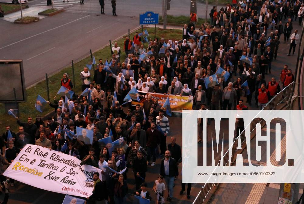 Hundreds march for Ocalans release in Diyarbakir DIYARBAKIR, TURKEY, OCTOBER 9, 2026: Hundreds of demonstrators march through Diyarbakir during a protest organized by the pro-Kurdish DEM Party, calling for the release of imprisoned Kurdistan Workers Party (PKK) leader Abdullah Ocalan. Participants carried banners and chanted slogans demanding his freedom amid ongoing efforts to advance a peace process between the Turkish government and the PKK following the groups announcement that it would lay down its arms. Diyarbakir Türkiye