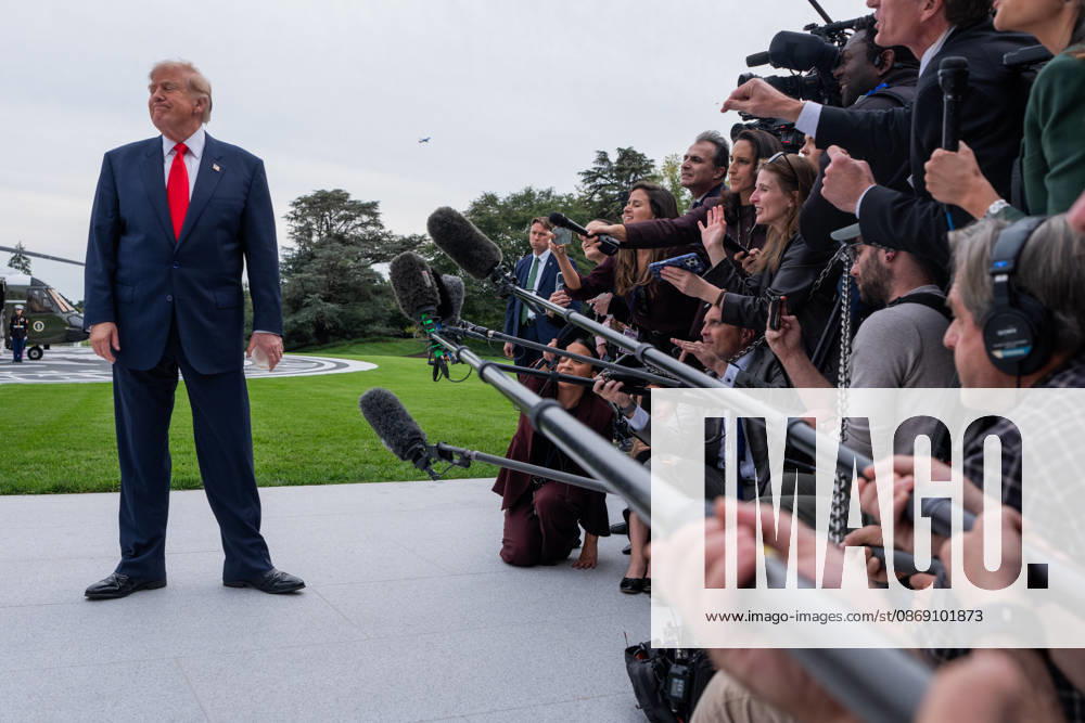 President Donald Trump speaks to members of the media on the South Lawn of the White House before boarding Marine One in Washington, DC on Friday, Oct. 9, 2026. Trump is heading to Syracuse on Friday to boost Republican gubernatorial candidate Bruce Blakeman, who is trailing Governor Kathy Hochul in polls ahead of November s election. WASP202610091551 AaronxSchwartz