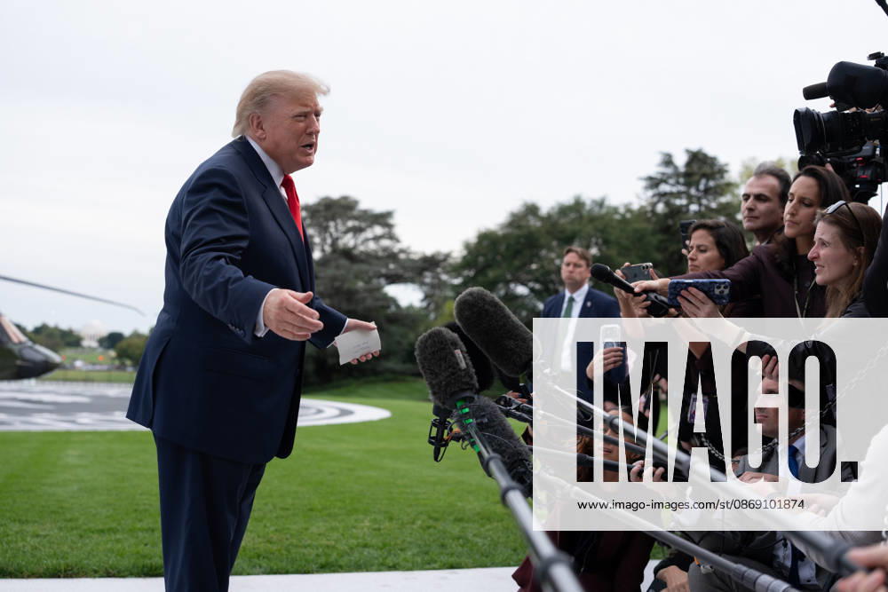 President Donald Trump speaks to members of the media on the South Lawn of the White House before boarding Marine One in Washington, DC on Friday, Oct. 9, 2026. Trump is heading to Syracuse on Friday to boost Republican gubernatorial candidate Bruce Blakeman, who is trailing Governor Kathy Hochul in polls ahead of November s election. WASP20261009155 AaronxSchwartz