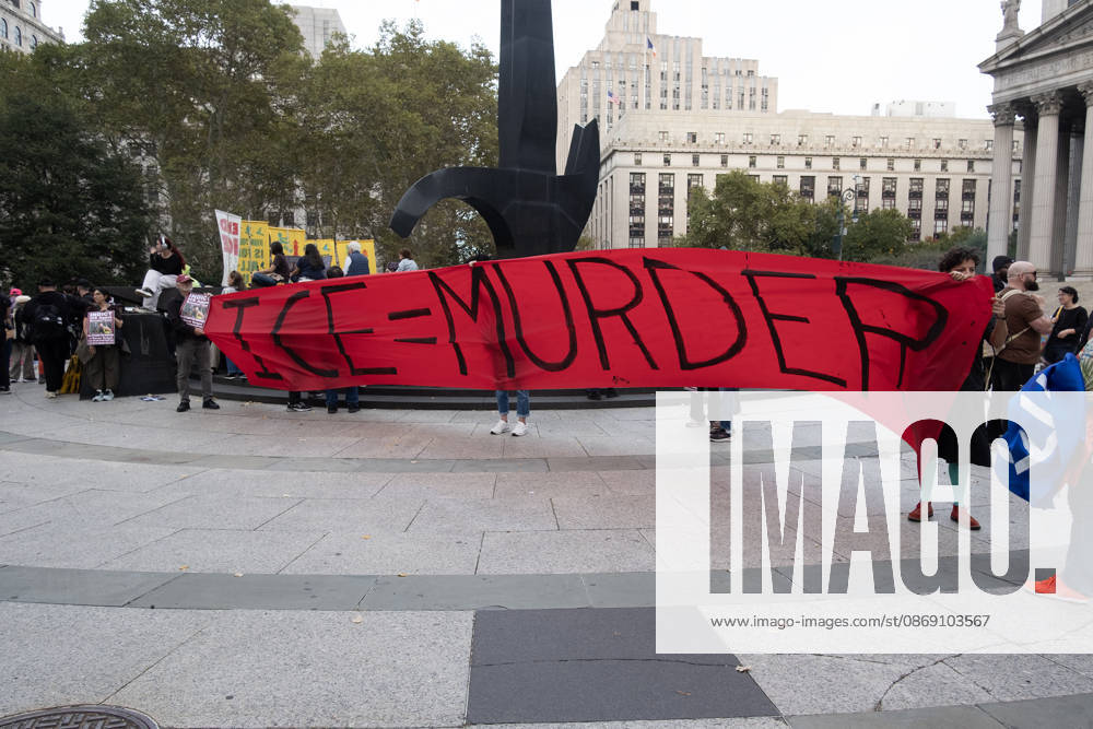FOLEY SQUARE, NEW YORK, UNITED STATES †OCTOBER 9, 2026: Demonstrators rally on Friday, October 9, 2026, at a protest titled â€oeICE SHOT A NEW YORKER.†The rally began in Foley Square in Lower Manhattan, across the street from ICE headquarters at 26 Federal Plaza. It followed the shooting of a 28-year-old Dominican national by an ICE agent in the Bronxâ€⠢s Marble Hill neighborhood on Thursday, October 8. Mayor Zohran Mamdani said preliminary information indicated that agents surrounded the man, identified as Oscar Belgal, and a 5-year-old child in his car before firing multiple rounds. The child was believed to be physically unharmed. According to DHS, Belgal was the targe - ZUMAt442 20261009_znp_t442_001