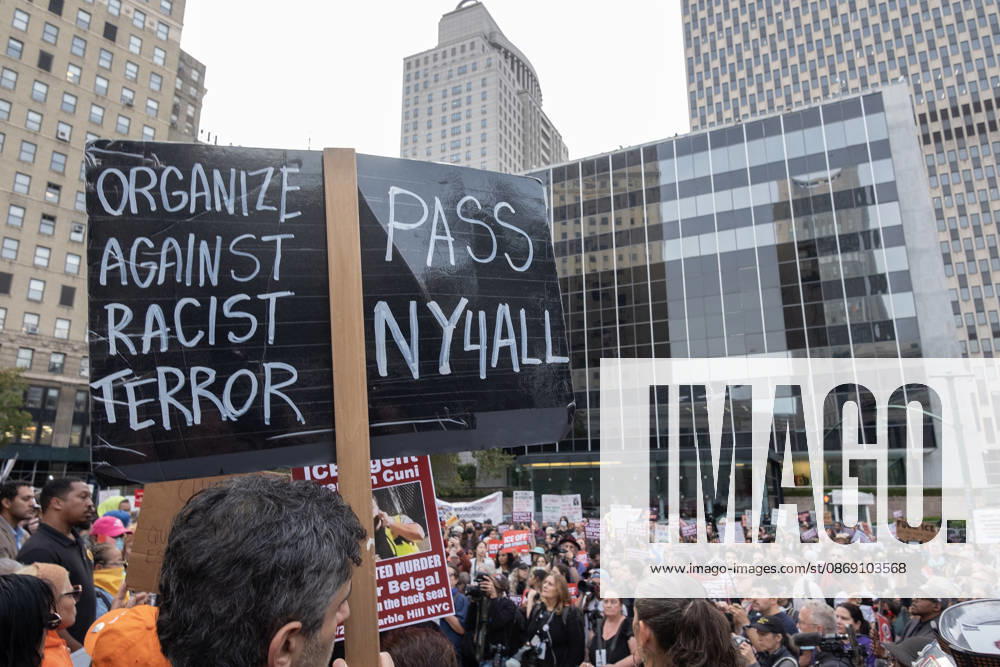 FOLEY SQUARE, NEW YORK, UNITED STATES †OCTOBER 9, 2026: Demonstrators rally on Friday, October 9, 2026, at a protest titled â€oeICE SHOT A NEW YORKER.†The rally began in Foley Square in Lower Manhattan, across the street from ICE headquarters at 26 Federal Plaza. It followed the shooting of a 28-year-old Dominican national by an ICE agent in the Bronxâ€⠢s Marble Hill neighborhood on Thursday, October 8. Mayor Zohran Mamdani said preliminary information indicated that agents surrounded the man, identified as Oscar Belgal, and a 5-year-old child in his car before firing multiple rounds. The child was believed to be physically unharmed. According to DHS, Belgal was the targe - ZUMAt442 20261009_znp_t442_002