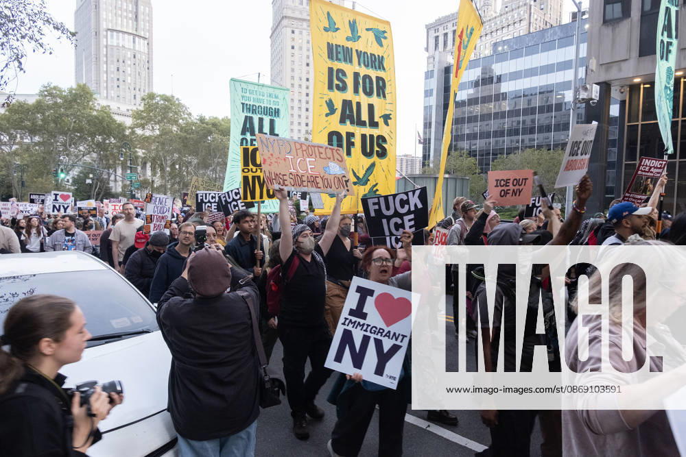 FOLEY SQUARE, NEW YORK, UNITED STATES †OCTOBER 9, 2026: Demonstrators rally on Friday, October 9, 2026, at a protest titled â€oeICE SHOT A NEW YORKER.†The rally began in Foley Square in Lower Manhattan, across the street from ICE headquarters at 26 Federal Plaza. It followed the shooting of a 28-year-old Dominican national by an ICE agent in the Bronxâ€⠢s Marble Hill neighborhood on Thursday, October 8. Mayor Zohran Mamdani said preliminary information indicated that agents surrounded the man, identified as Oscar Belgal, and a 5-year-old child in his car before firing multiple rounds. The child was believed to be physically unharmed. According to DHS, Belgal was the targe - ZUMAt442 20261009_znp_t442_005