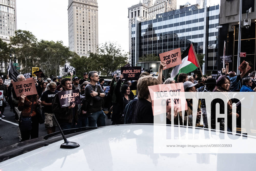 FOLEY SQUARE, NEW YORK, UNITED STATES †OCTOBER 9, 2026: Demonstrators rally on Friday, October 9, 2026, at a protest titled â€oeICE SHOT A NEW YORKER.†The rally began in Foley Square in Lower Manhattan, across the street from ICE headquarters at 26 Federal Plaza. It followed the shooting of a 28-year-old Dominican national by an ICE agent in the Bronxâ€⠢s Marble Hill neighborhood on Thursday, October 8. Mayor Zohran Mamdani said preliminary information indicated that agents surrounded the man, identified as Oscar Belgal, and a 5-year-old child in his car before firing multiple rounds. The child was believed to be physically unharmed. According to DHS, Belgal was the targe - ZUMAt442 20261009_znp_t442_006