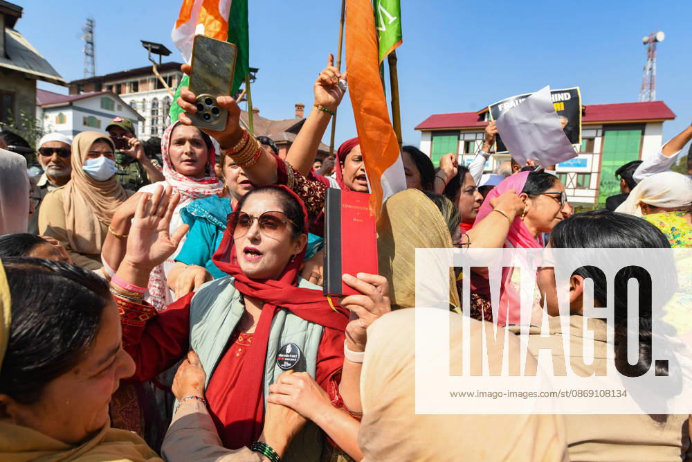 Police personnel try to stop supporters of the opposition alliance INDIA bloc (Indian National Developmental Inclusive Alliance) during a protest demanding the resignation of India s Chief Election Commissioner Gyanesh Kumar over alleged voter roll irregularities linked to the special intensive revision (SIR), in Srinagar on October 10, 2026. Srinagar India - ZUMAz120 20261010_zip_z120_012