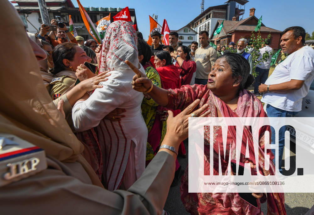 Police personnel try to stop supporters of the opposition alliance INDIA bloc (Indian National Developmental Inclusive Alliance) during a protest demanding the resignation of India s Chief Election Commissioner Gyanesh Kumar over alleged voter roll irregularities linked to the special intensive revision (SIR), in Srinagar on October 10, 2026. Srinagar India - ZUMAz120 20261010_zip_z120_015