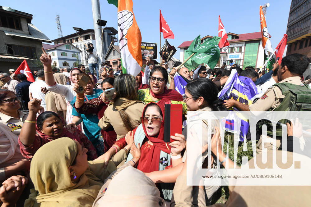 Police personnel try to stop supporters of the opposition alliance INDIA bloc (Indian National Developmental Inclusive Alliance) during a protest demanding the resignation of India s Chief Election Commissioner Gyanesh Kumar over alleged voter roll irregularities linked to the special intensive revision (SIR), in Srinagar on October 10, 2026. Srinagar India - ZUMAz120 20261010_zip_z120_013