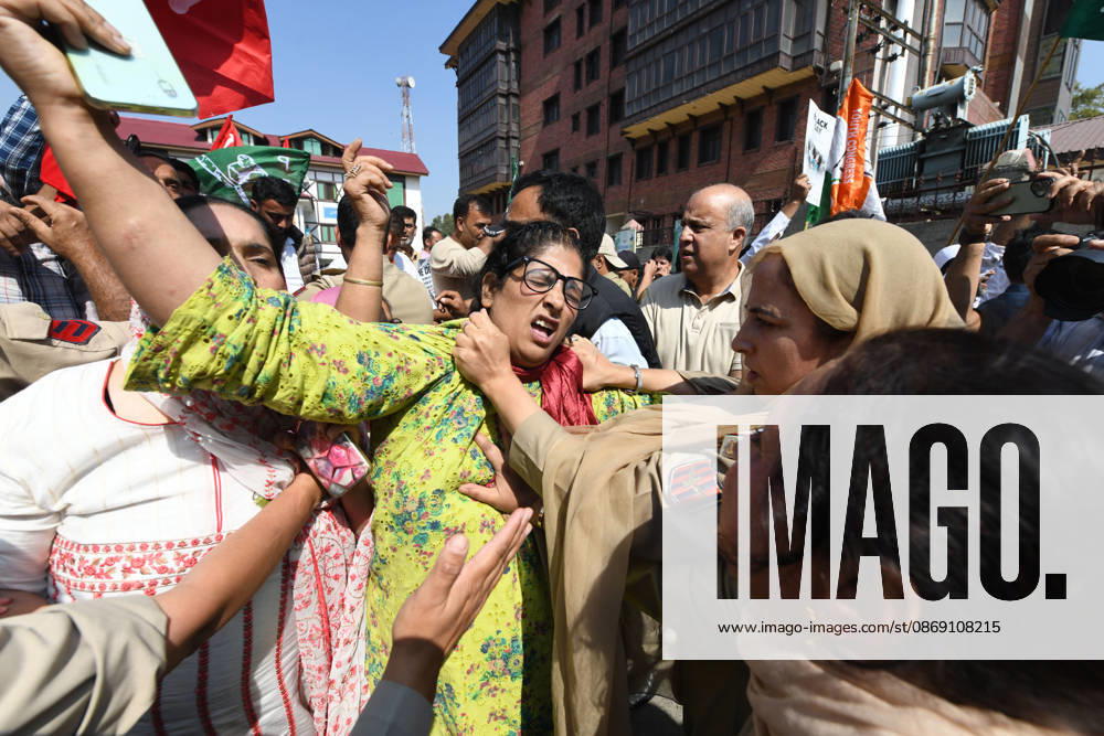 Police personnel try to stop supporters of the opposition alliance INDIA bloc (Indian National Developmental Inclusive Alliance) during a protest demanding the resignation of India s Chief Election Commissioner Gyanesh Kumar over alleged voter roll irregularities linked to the special intensive revision (SIR), in Srinagar on October 10, 2026. Srinagar India - ZUMAz120 20261010_zip_z120_017