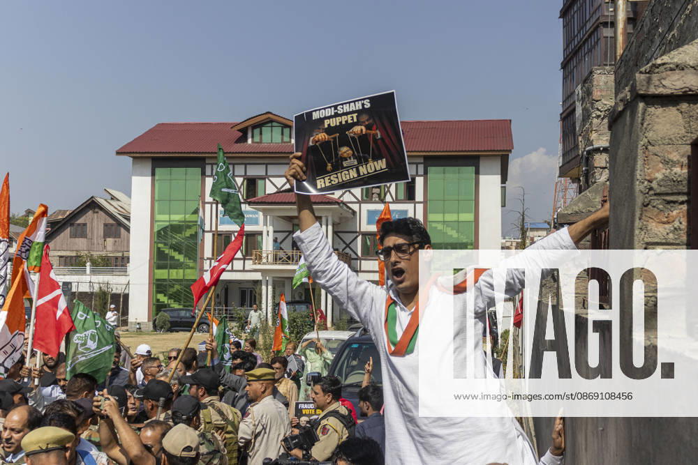 A supporter of INDIA bloc alliance reacts during a protest under the Save Democracy Week and Vote Bachao, Desh Bachao campaign, amid row over the resignation of Chief Election Commissioner Gyanesh Kumar in Srinagar, the capital city of Indian Kashmir. Srinagar India - ZUMAf191 20261010_zip_f191_006