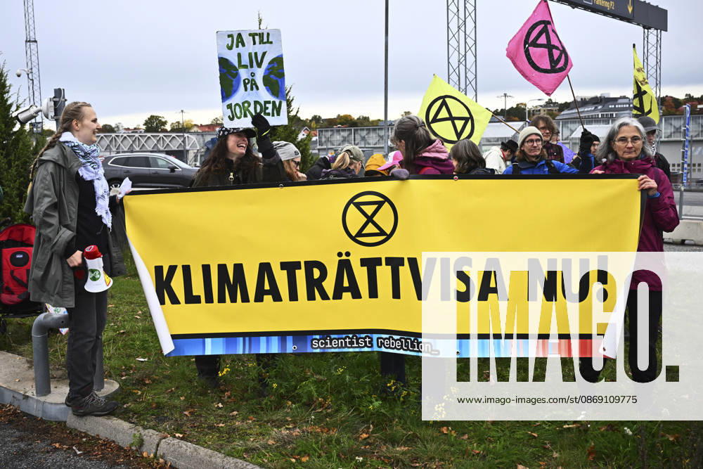STOCKHOLM, SWEDEN 20261010 Climate activists outside Bromma Airport; some climate activists have gained access and are staging protests at Bromma Airport, including on the runway STOCKHOLM SWEDEN