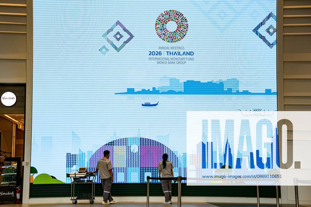 Thailand Prepares to Host 2026 IMF - World Bank Group Annual Meetings BANGKOK, THAILAND, OCTOBER 10, 2026: Promotional displays and banners for the 2026 Annual Meetings of the International Monetary Fund (IMF) and the World Bank Group are seen at the Queen Sirikit National Convention Center (QSNCC) in Bangkok, ahead of the meetings scheduled for October 12 - 18. The event will bring together international finance leaders, policymakers and representatives from member countries. Bangkok Thailand