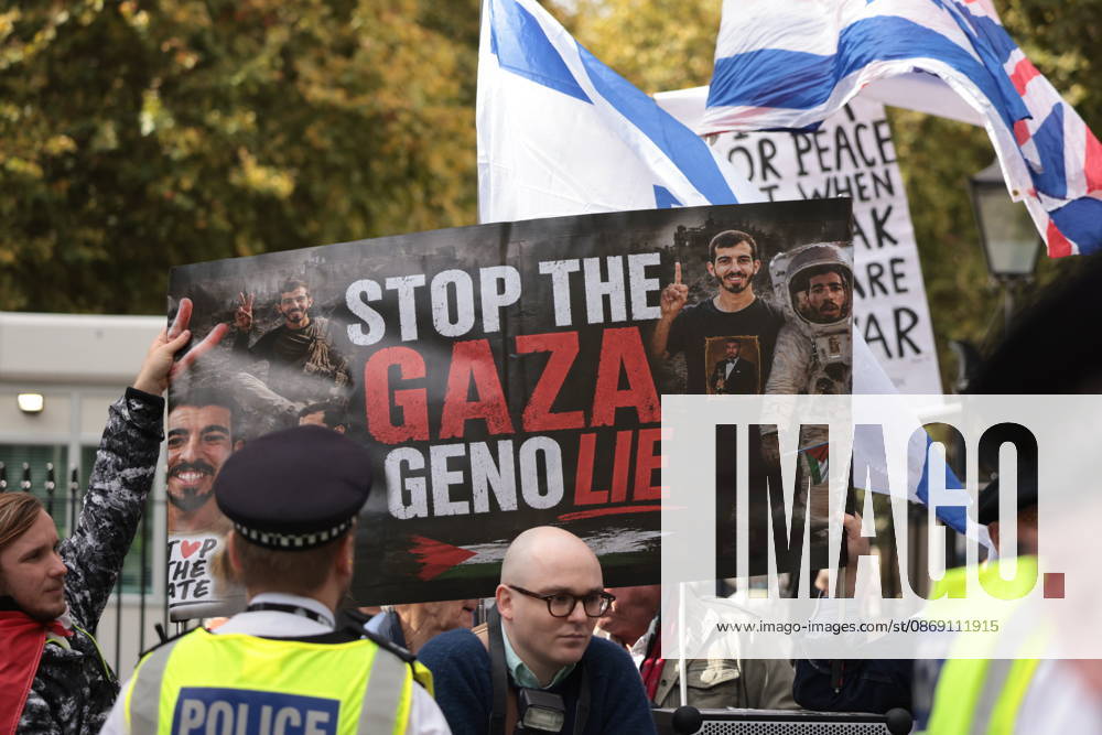 London, United Kingdom. Palestine Coalition Protest. Palestine Coalition protest march through London, with zionist counter protesters gathered outside New Scotland Yard.