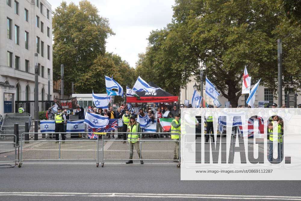 London, United Kingdom. Palestine Coalition Protest. Palestine Coalition protest march through London, with zionist counter protesters gathered outside New Scotland Yard.