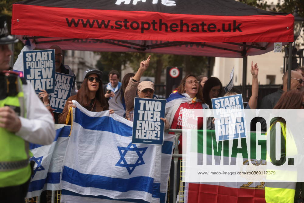 London, United Kingdom. Palestine Coalition Protest. Palestine Coalition protest march through London, with zionist counter protesters gathered outside New Scotland Yard.