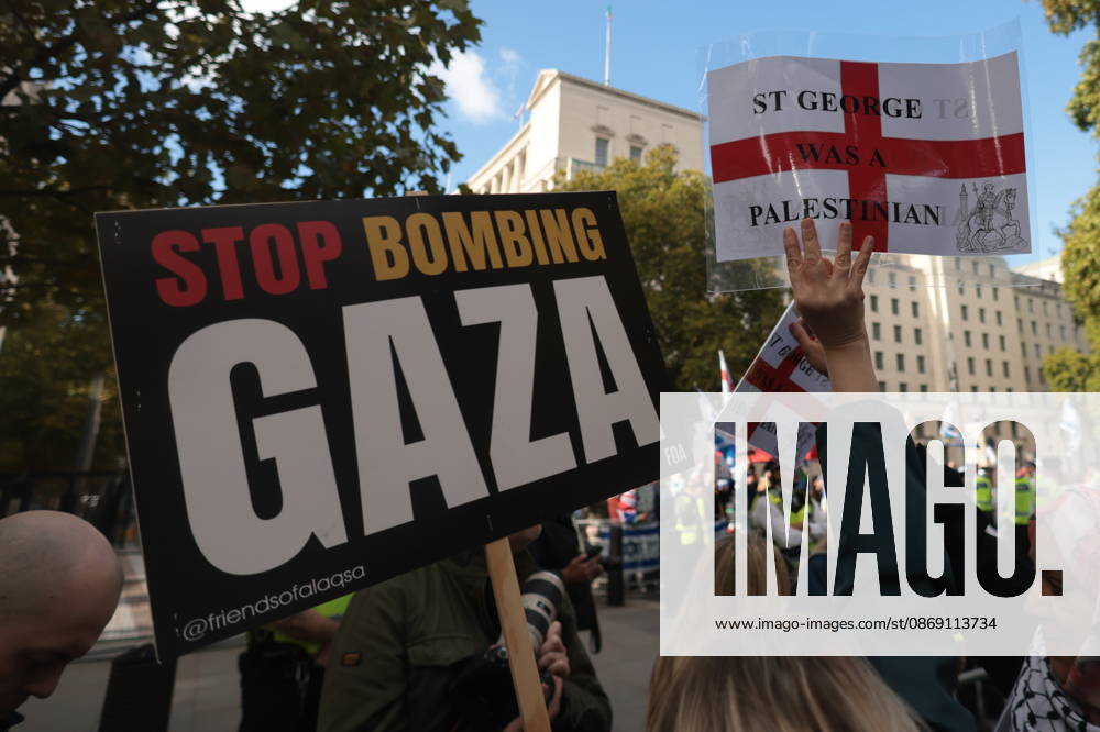 London, United Kingdom. Palestine Coalition Protest. Palestine Coalition protest march through London, with zionist counter protesters gathered outside New Scotland Yard.