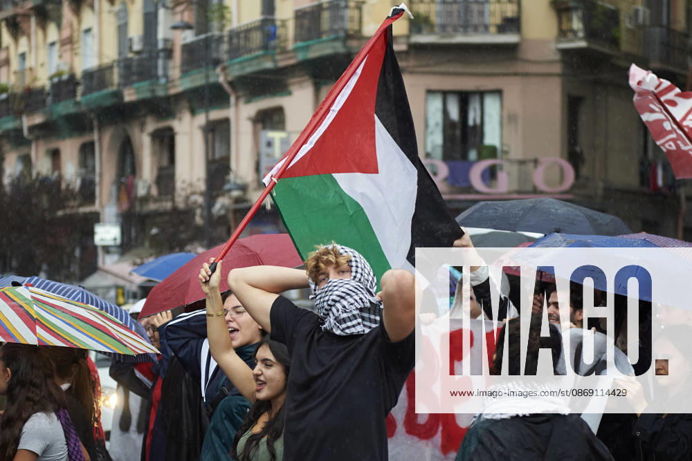 Pro-Palestine protests in Naples NAPLES, ITALY - OCTOBER 10: People take part in a protest during the Global Day of Action for Palestine in defence of the Palestinian people, to call for an arms embargo and sanctions against Israel in Naples, on October 10, 2026. Eliano Imperato Anadolu Naples Italy. Editorial use only. Please get in touch for any other usage.