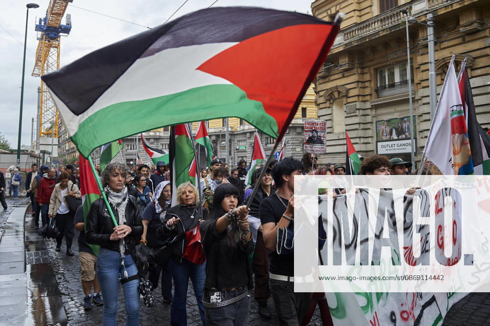 Pro-Palestine protests in Naples NAPLES, ITALY - OCTOBER 10: People take part in a protest during the Global Day of Action for Palestine in defence of the Palestinian people, to call for an arms embargo and sanctions against Israel in Naples, on October 10, 2026. Eliano Imperato Anadolu Naples Italy. Editorial use only. Please get in touch for any other usage.