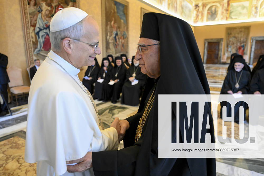 IPA89502115 - Italy, Rome, Vatican, October 10, 2026: Pope Leo XIV receives participants in the Synod of Bishops of the Greek-Melkite Church in a private audience at the Vatican. Photograph by VATICAN MEDIA Catholic Press Photo
