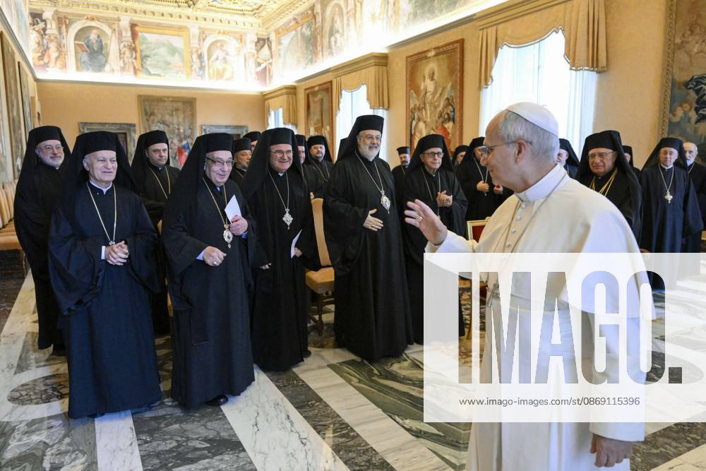 IPA89502118 - Italy, Rome, Vatican, October 10, 2026: Pope Leo XIV receives participants in the Synod of Bishops of the Greek-Melkite Church in a private audience at the Vatican. Photograph by VATICAN MEDIA Catholic Press Photo