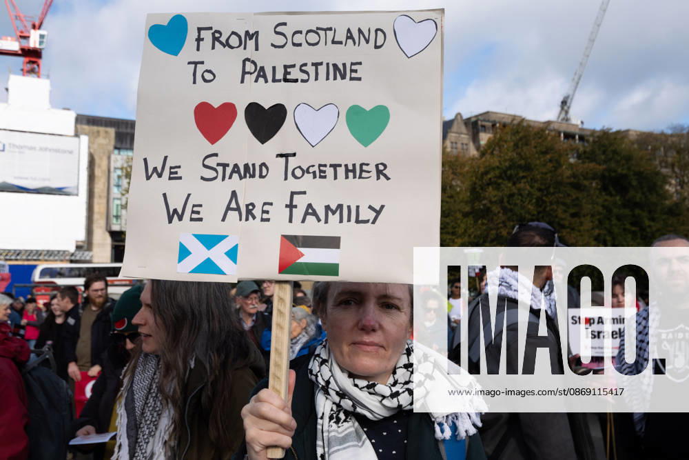 Hundreds of people took part in a demonstration in Edinburgh organised by pro-Palestine groups Gaza Genocide Emergency Committee and Stop the War Scotland to mark the third anniversary of the 7 October 2023 Hamas-led attacks on Israel and the subsequent war in Gaza. The demonstration formed part of what organisers described as the first fully coordinated global day of protests for Palestine, with participants calling on the UK Government to end all arms sales to Israel and impose full sanctions. Edinburgh UK - ZUMAs357 20261010_zip_s357_005