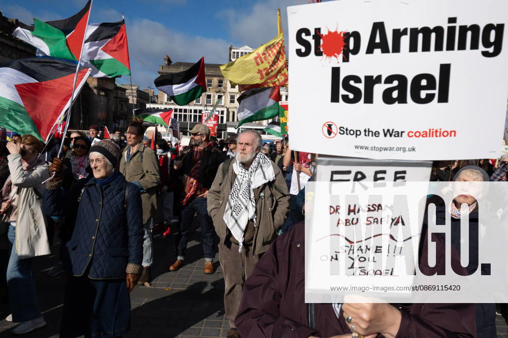 Hundreds of people took part in a demonstration in Edinburgh organised by pro-Palestine groups Gaza Genocide Emergency Committee and Stop the War Scotland to mark the third anniversary of the 7 October 2023 Hamas-led attacks on Israel and the subsequent war in Gaza. The demonstration formed part of what organisers described as the first fully coordinated global day of protests for Palestine, with participants calling on the UK Government to end all arms sales to Israel and impose full sanctions. Edinburgh UK - ZUMAs357 20261010_zip_s357_008