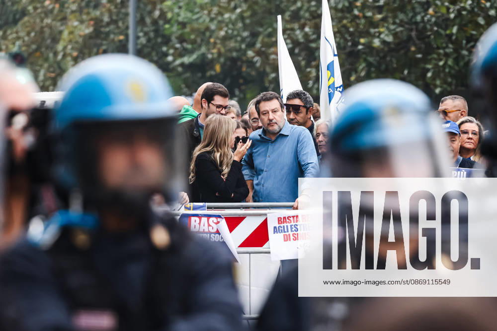 IPA89501383 - Milan: The Leagues protest, A Safer Milan, Stop the Social Centers, against the Lambretta Social Center on Via Rizzoli. Pictured: Silvia Sardone (Member of the European Parliament, Lega mayoral candidate in the Milan municipal elections), Matteo Salvini (Lega leader, Italian Minister of Infrastructure and Transportation)