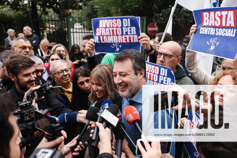 IPA89501919 - Milan: The Leagues protest, A Safer Milan, Stop the Social Centers, against the Lambretta Social Center on Via Rizzoli. Pictured: Silvia Sardone (Member of the European Parliament, Lega mayoral candidate in the Milan municipal elections), Matteo Salvini (Lega leader, Italian Minister of Infrastructure and Transportation)