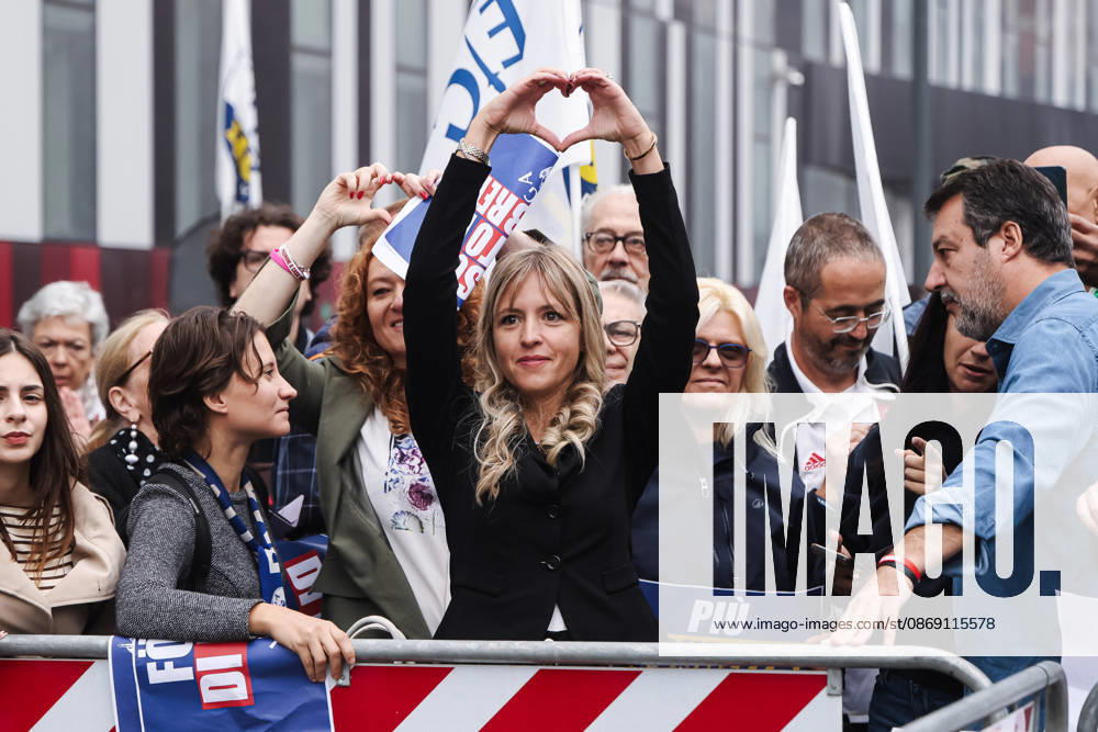 IPA89501878 - Milan: The Leagues rally, A Safer Milan, Stop the Social Centers, against the Lambretta Social Center on Via Rizzoli. Pictured: Silvia Sardone (Member of the European Parliament, the Leagues mayoral candidate in the Milan municipal elections)