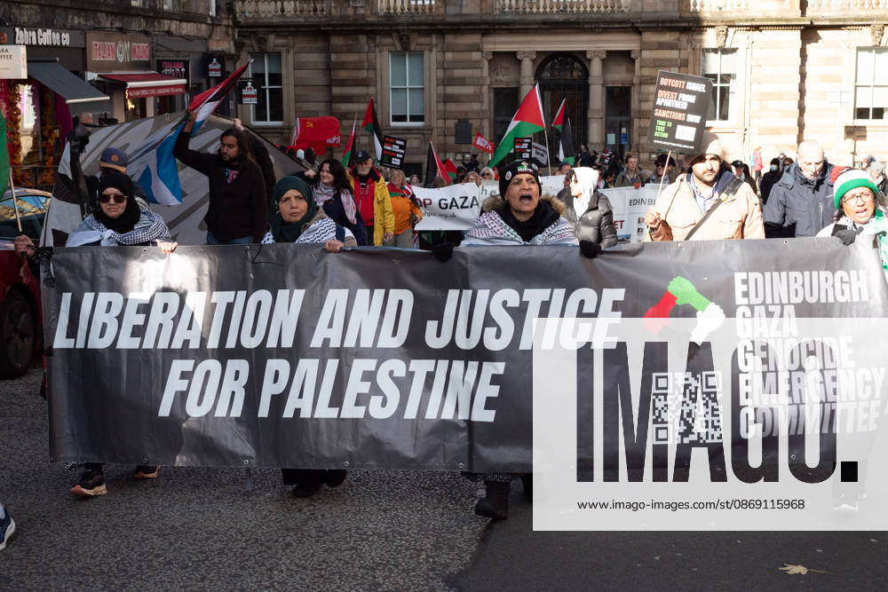 Hundreds of people took part in a demonstration in Edinburgh organised by pro-Palestine groups Gaza Genocide Emergency Committee and Stop the War Scotland to mark the third anniversary of the 7 October 2023 Hamas-led attacks on Israel and the subsequent war in Gaza. The demonstration formed part of what organisers described as the first fully coordinated global day of protests for Palestine, with participants calling on the UK Government to end all arms sales to Israel and impose full sanctions. Edinburgh UK - ZUMAs357 20261010_zip_s357_021