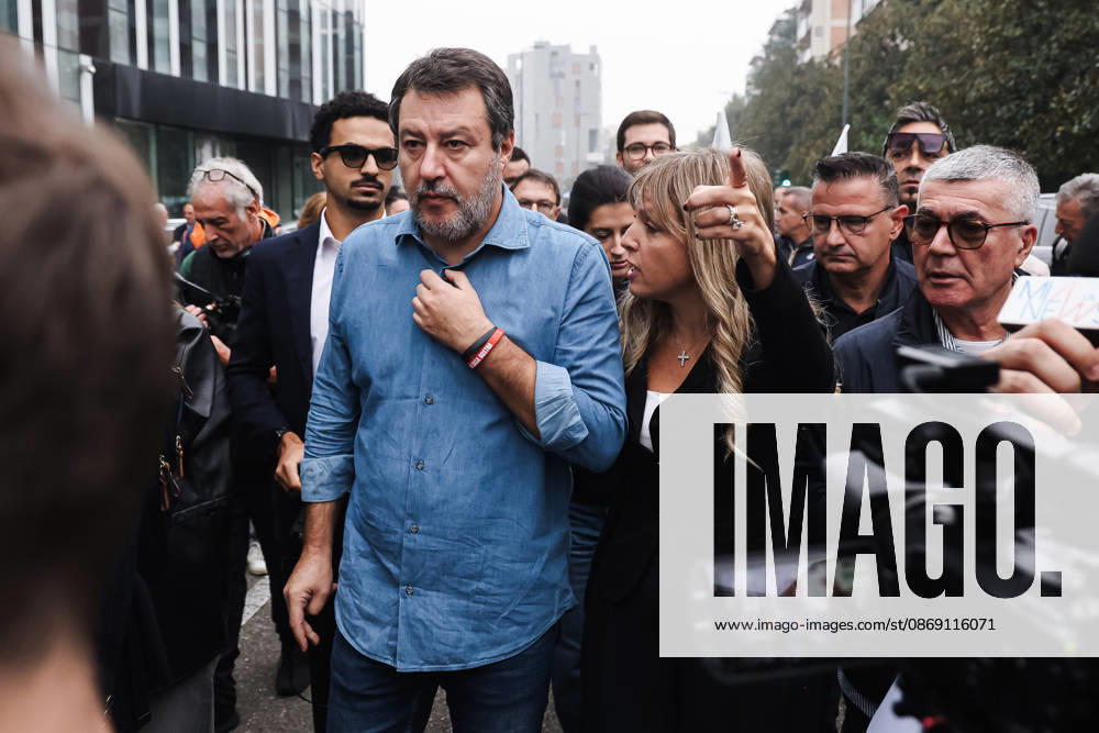 IPA89501925 - Milan: The Leagues protest, A Safer Milan, Stop the Social Centers, against the Lambretta Social Center on Via Rizzoli. Pictured: Silvia Sardone (Member of the European Parliament, Lega mayoral candidate in the Milan municipal elections), Matteo Salvini (Lega leader, Italian Minister of Infrastructure and Transport)