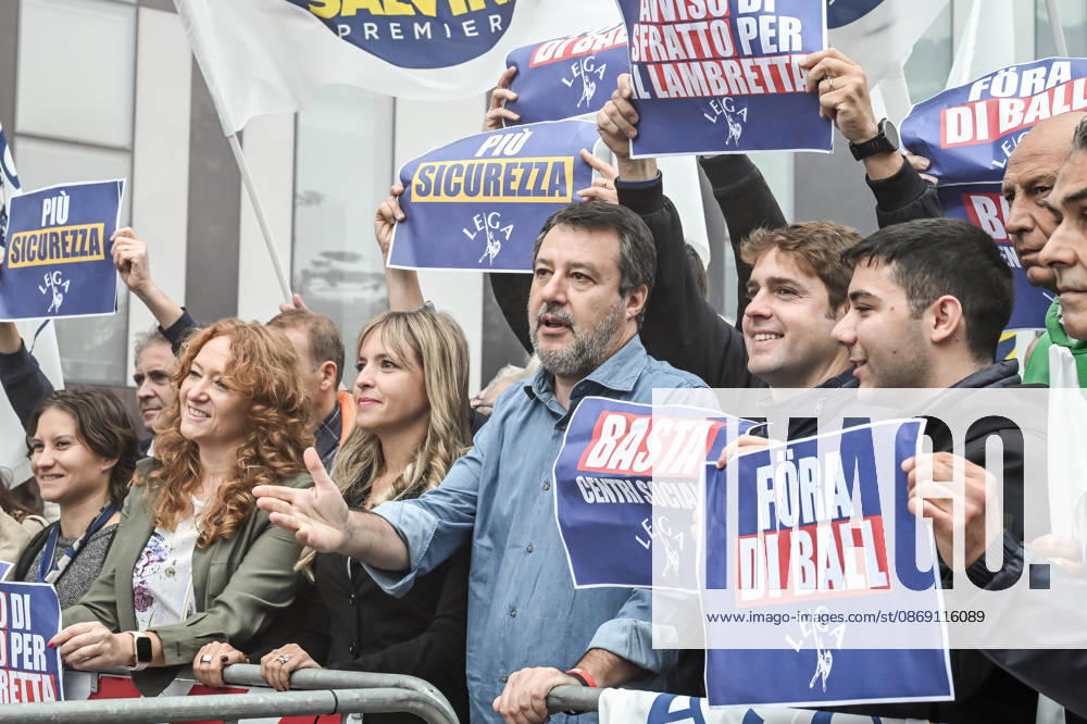 Deputy Prime Minister Matteo Salvini and Lega deputy secretary Silvia Sardone at the Lega rally Milan safer, stop social centers. Near the Lambretta Social Center, Via Rizzoli, 10 10 2026 Milan Milan Italy - ZUMAa289 20261010_zia_a289_049