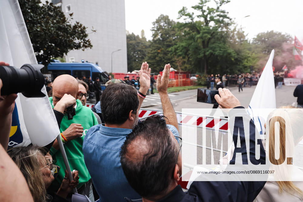 IPA89501894 - Milan: The Leagues rally, A Safer Milan, Stop the Social Centers, against the Lambretta Social Center on Via Rizzoli. Pictured: Matteo Salvini (leader of the League, Italian Minister of Infrastructure and Transportation)