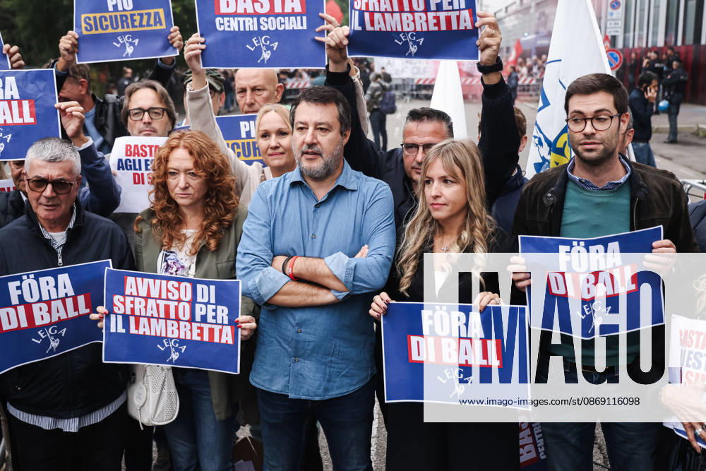 IPA89501898 - Milan: The Leagues protest, A Safer Milan, Stop the Social Centers, against the Lambretta Social Center on Via Rizzoli. Pictured: Silvia Sardone (Member of the European Parliament, Lega mayoral candidate in the Milan municipal elections), Matteo Salvini (Lega leader, Italian Minister of Infrastructure and Transport)