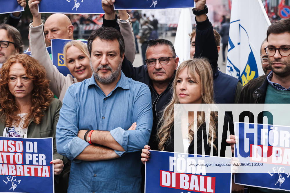 IPA89501904 - Milan: The Leagues protest, A Safer Milan, Stop the Social Centers, against the Lambretta Social Center on Via Rizzoli. Pictured: Silvia Sardone (Member of the European Parliament, Lega mayoral candidate in the Milan municipal elections), Matteo Salvini (Lega leader, Italian Minister of Infrastructure and Transportation)