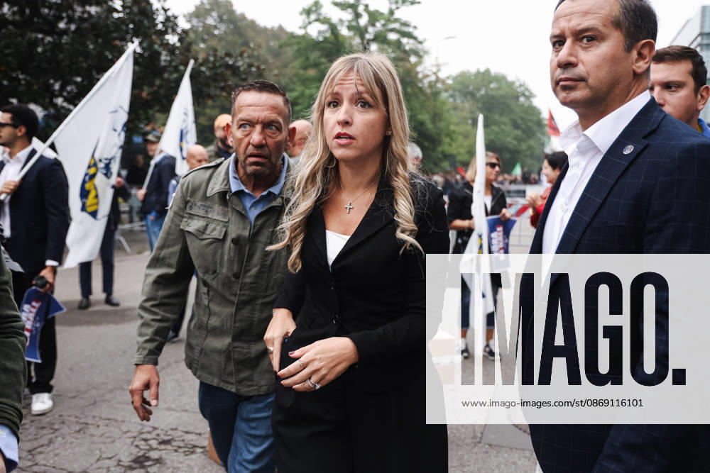 IPA89501929 - Milan: The Leagues rally, A Safer Milan, Stop the Social Centers, against the Lambretta Social Center on Via Rizzoli. Pictured: Silvia Sardone (Member of the European Parliament, the Leagues mayoral candidate in the Milan municipal elections)