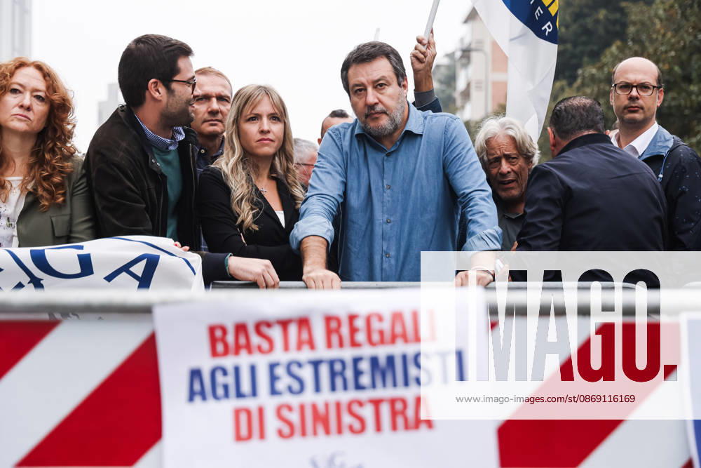 IPA89501855 - Milan: The Leagues protest, A Safer Milan, Stop the Social Centers, against the Lambretta Social Center on Via Rizzoli. Pictured: Silvia Sardone (Member of the European Parliament, Lega mayoral candidate in the Milan municipal elections), Matteo Salvini (Lega leader, Italian Minister of Infrastructure and Transportation)