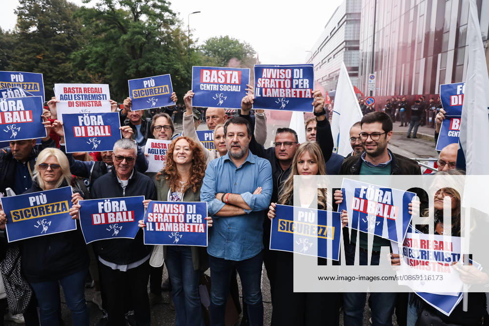 IPA89501896 - Milan: The Leagues protest, A Safer Milan, Stop the Social Centers, against the Lambretta Social Center on Via Rizzoli. Pictured: Silvia Sardone (Member of the European Parliament, Lega mayoral candidate in the Milan municipal elections), Matteo Salvini (Lega leader, Italian Minister of Infrastructure and Transportation)