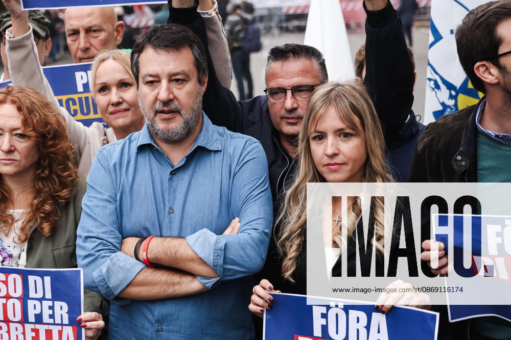 IPA89501901 - Milan: The Leagues protest, A Safer Milan, Stop the Social Centers, against the Lambretta Social Center on Via Rizzoli. Pictured: Silvia Sardone (Member of the European Parliament, Lega mayoral candidate in the Milan municipal elections), Matteo Salvini (Lega leader, Italian Minister of Infrastructure and Transportation)