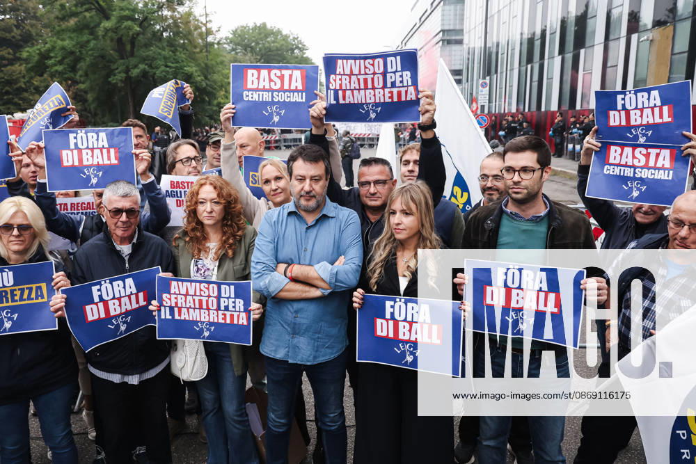 IPA89501908 - Milan: The Leagues protest, A Safer Milan, Stop the Social Centers, against the Lambretta Social Center on Via Rizzoli. Pictured: Silvia Sardone (Member of the European Parliament, Lega mayoral candidate in the Milan municipal elections), Matteo Salvini (Lega leader, Italian Minister of Infrastructure and Transportation)