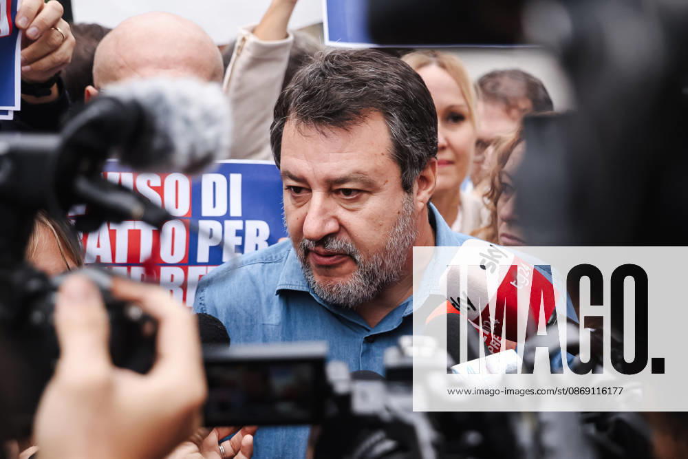 IPA89501921 - Milan: The Leagues rally, A Safer Milan, Stop the Social Centers, against the Lambretta Social Center on Via Rizzoli. Pictured: Matteo Salvini (leader of the League, Italian Minister of Infrastructure and Transportation)