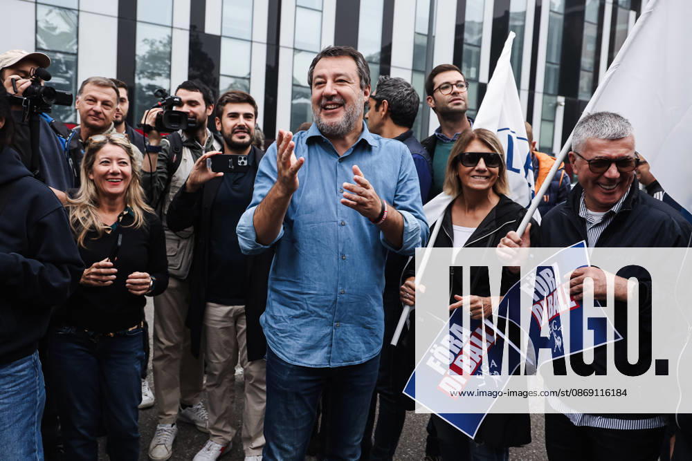 IPA89501926 - Milan: The Leagues rally, A Safer Milan, Stop the Social Centers, against the Lambretta Social Center on Via Rizzoli. Pictured: Matteo Salvini (leader of the League, Italian Minister of Infrastructure and Transportation)