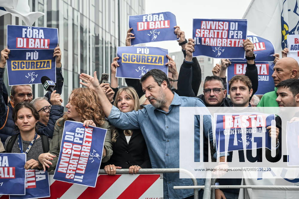 Deputy Prime Minister Matteo Salvini and Lega deputy secretary Silvia Sardone at the Lega rally Milan safer, stop social centers. Near the Lambretta Social Center, Via Rizzoli, 10 10 2026 Milan Milan Italy - ZUMAa289 20261010_zia_a289_047