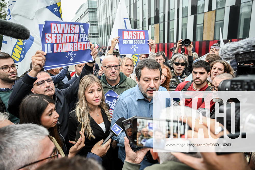 Deputy Prime Minister Matteo Salvini and Lega deputy secretary Silvia Sardone at the Lega rally Milan safer, stop social centers. Near the Lambretta Social Center, Via Rizzoli, 10 10 2026 Milan Milan Italy - ZUMAa289 20261010_zia_a289_040